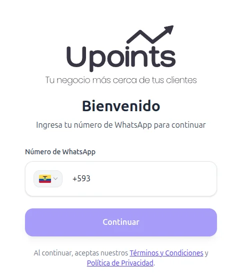 Pantalla de registro e inicio de sesión del cliente en UPoints