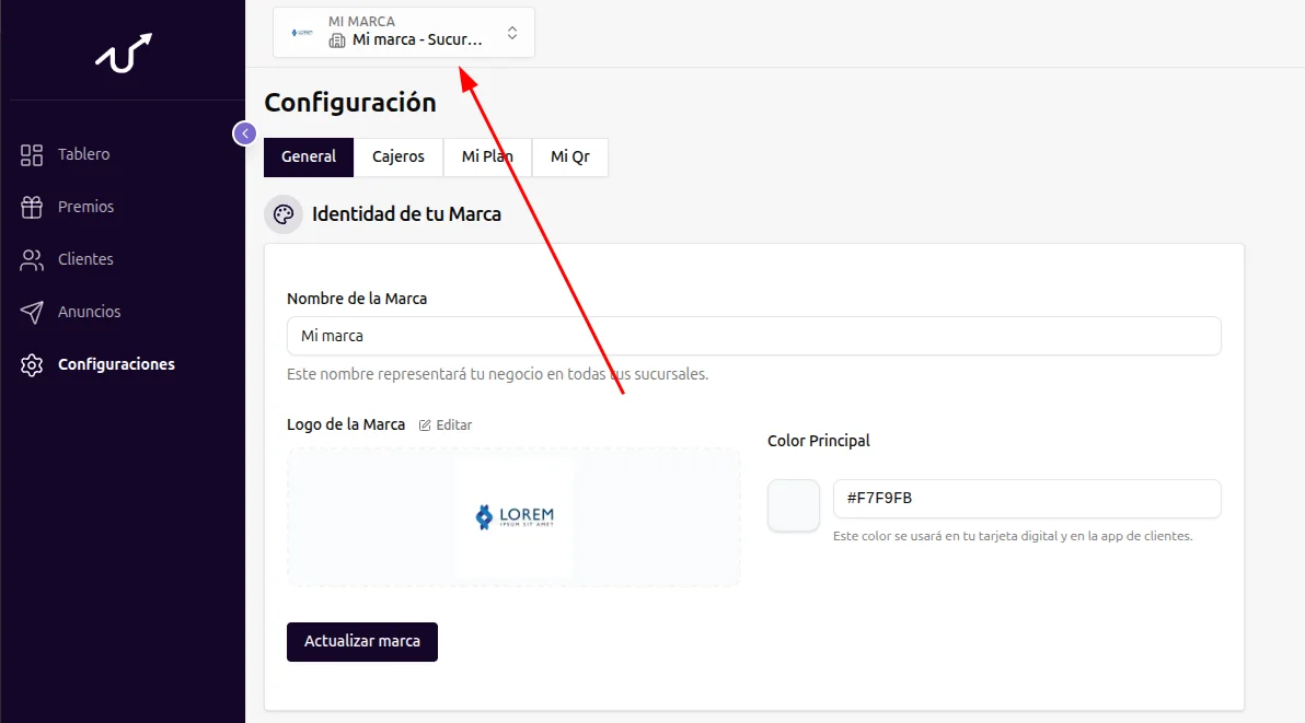 Desplegable para agregar nueva sucursal