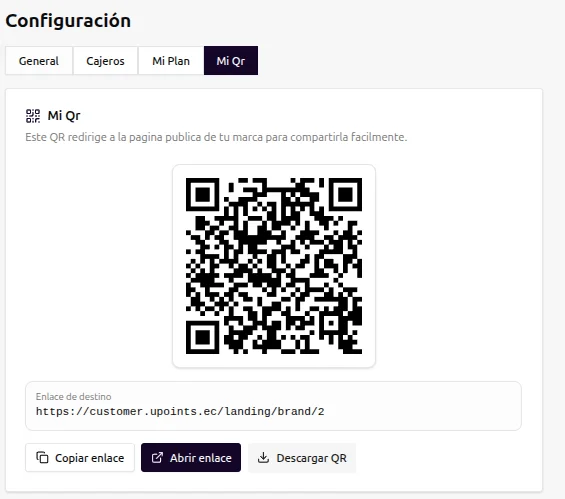 Código QR del establecimiento en UPoints Manager