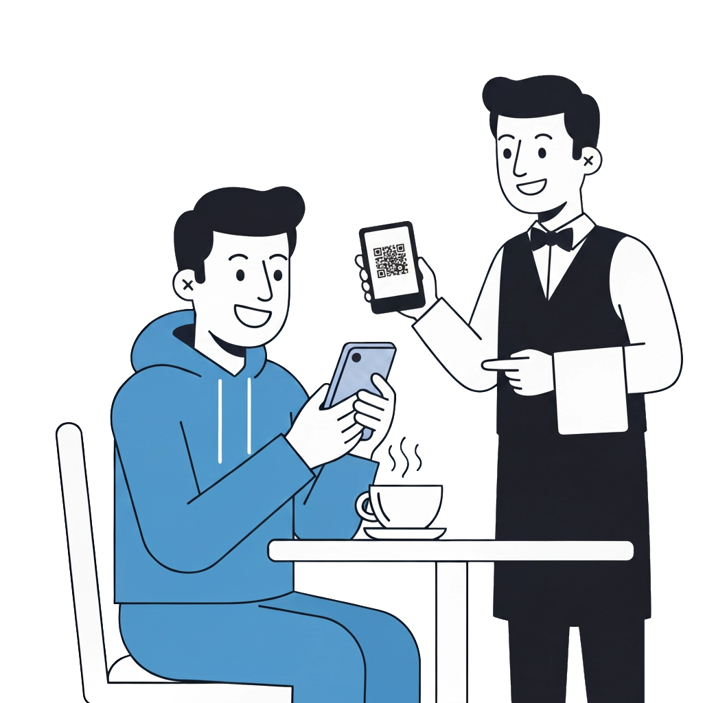 Cliente y mesero con código QR